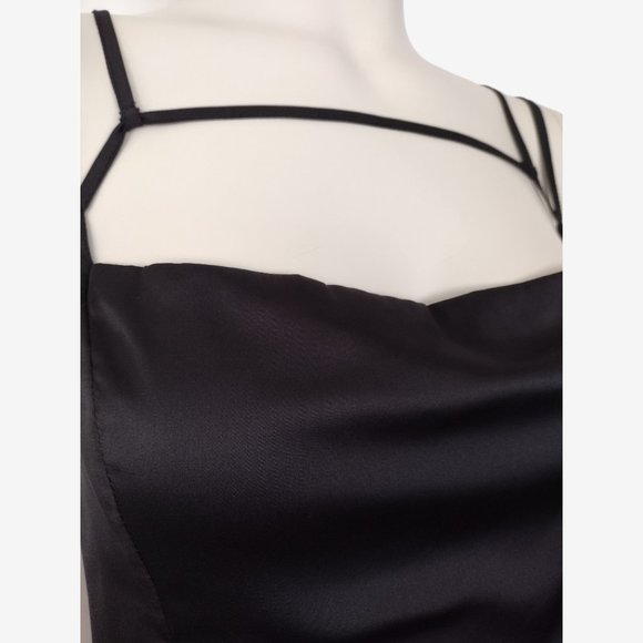 Forever 21 Black Silky Satin Strappy Cowl Neck Mini Sheath Dress Size L - Picture 9 of 12